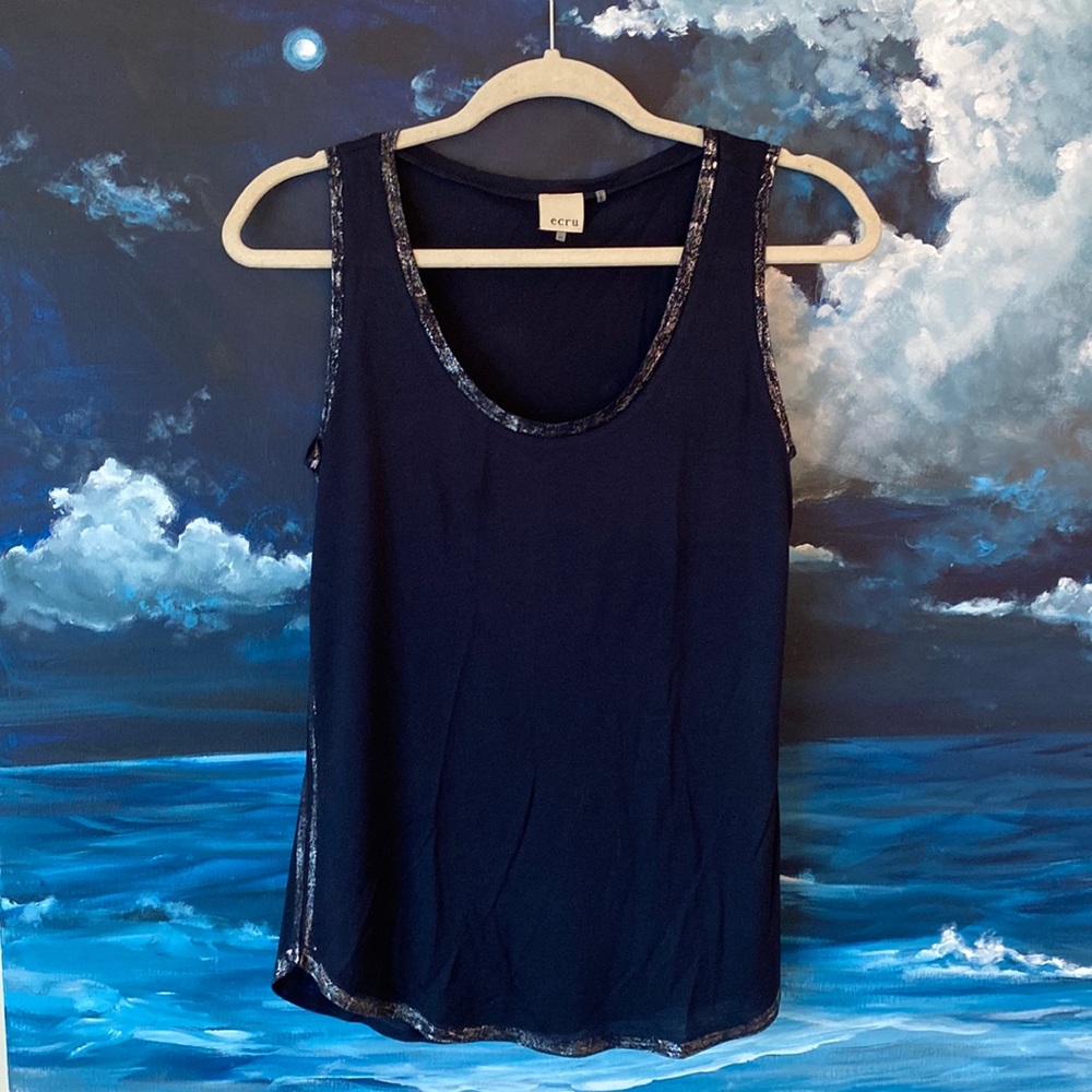 Shine on!  Cashmere/Modal Navy Tank with silvery hem detail!